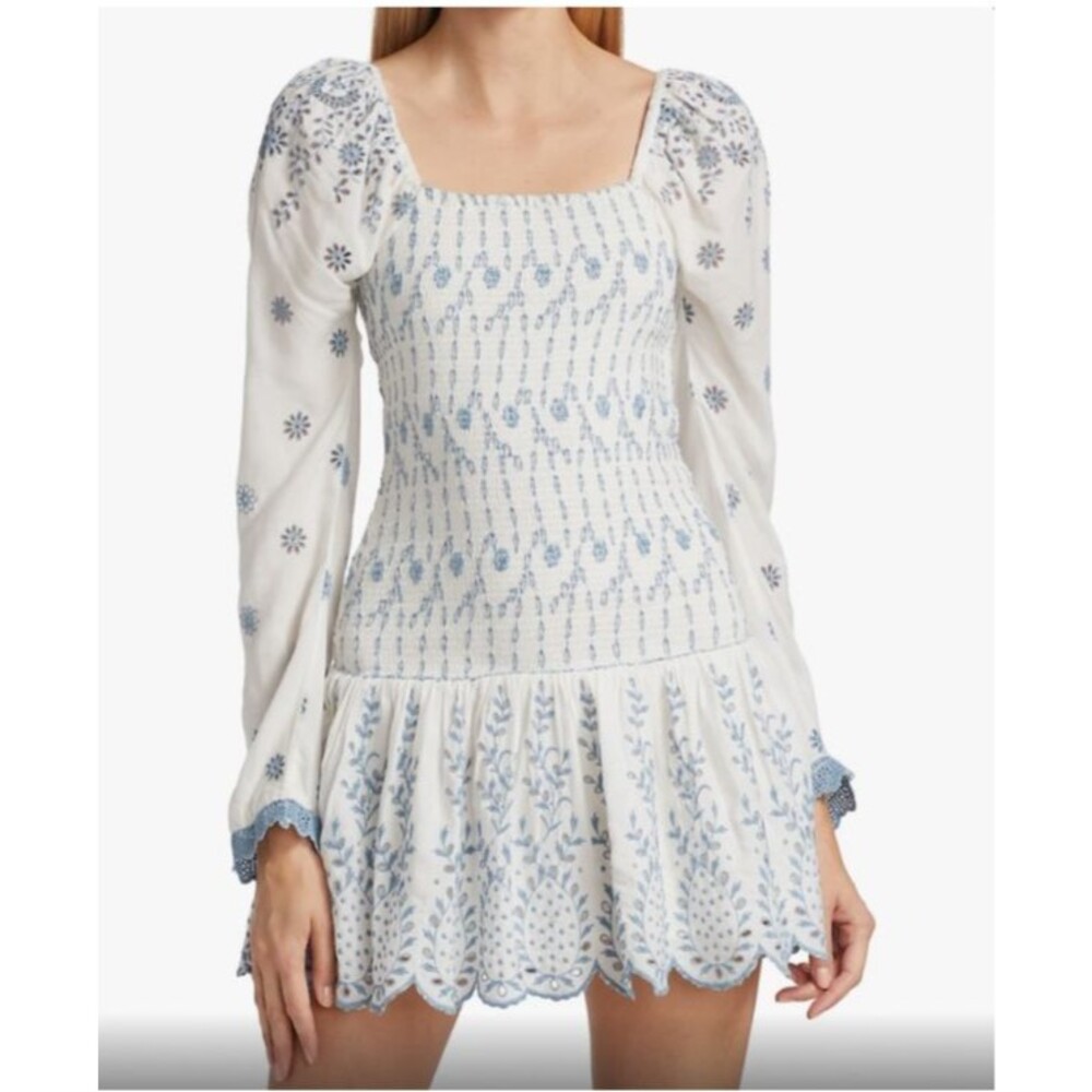 LoveShackFancyBlue White Embroidered Smocked Mini Dress Boho Cottagecore S
